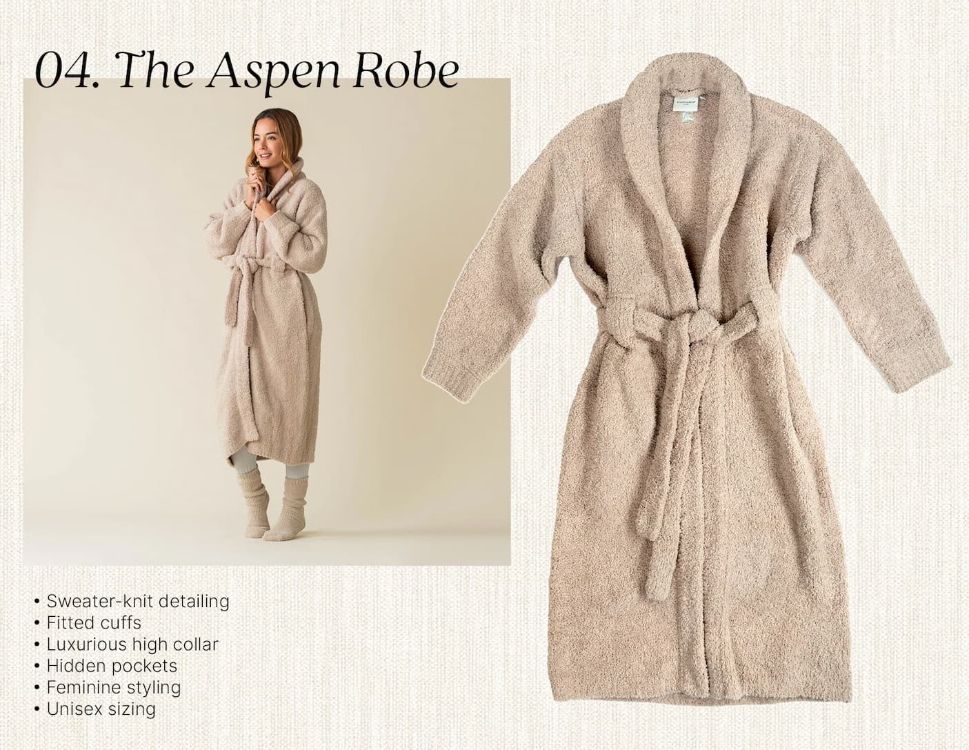 4. Aspen Robe  Model wearing the Kashwére Aspen Robe alongside a product image in Taupe. Featuring sweater-knit detailing, a luxurious high collar, hidden pockets, and a more feminine silhouette.