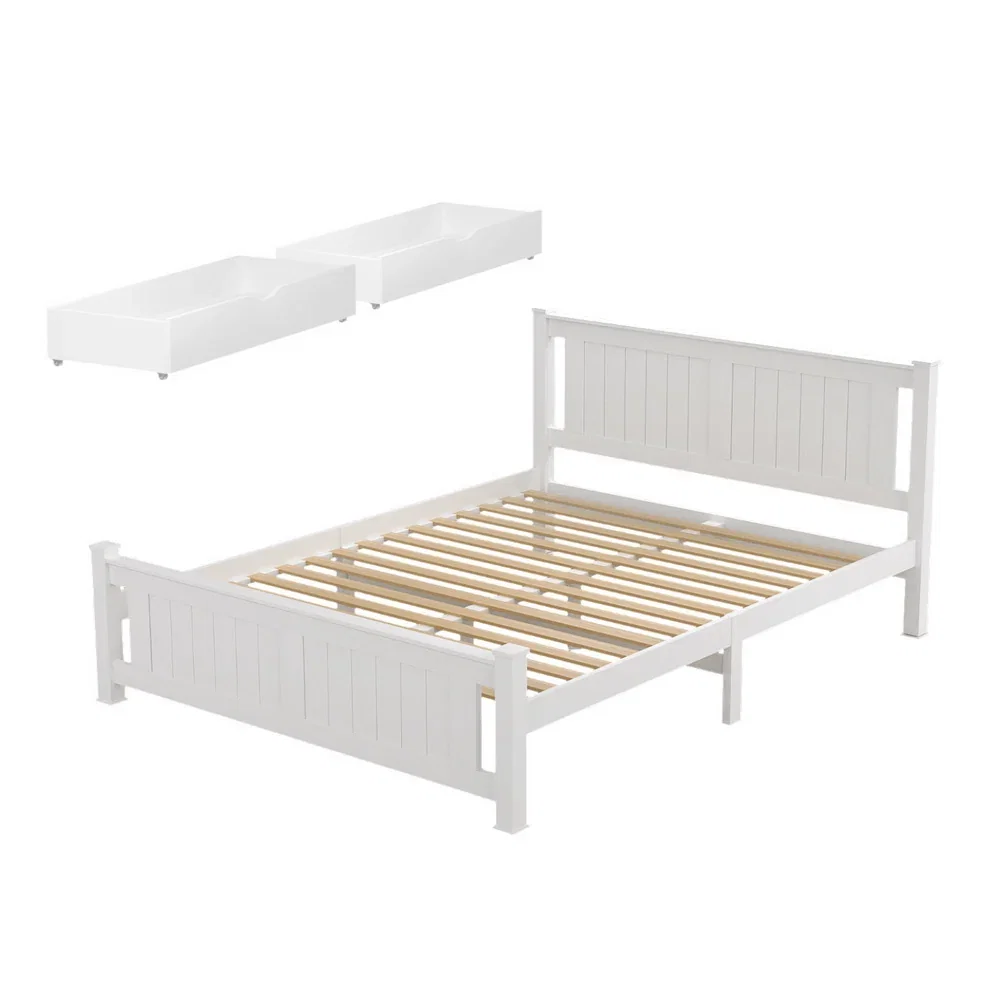 Bed Frame Double Size Wooden Platform with 2 Storage Drawers White RIO