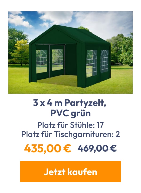 3 x 4 m Partyzelt, PVC grün | Platz für Stühle: 17 Platz für Tischgarnituren: 2 | 435,00 € | 469,00…
