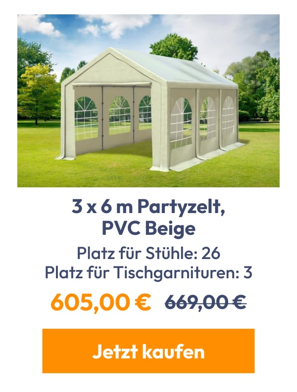 3 x 6 m Partyzelt, PVC Beige | Platz für Stühle: 26 Platz für Tischgarnituren: 3 | 605,00 € | 669,0…