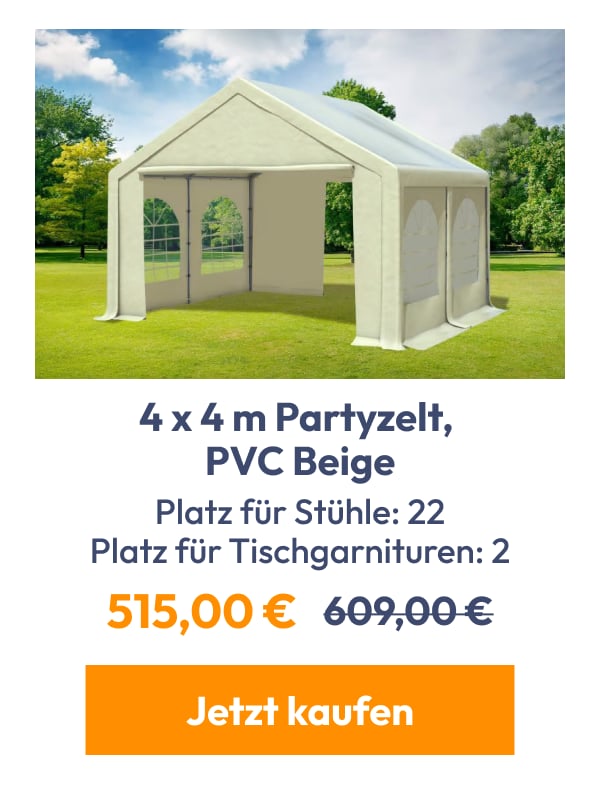 4 x 4 m Partyzelt, PVC Beige | Platz für Stühle: 22 Platz für Tischgarnituren: 2 | 515,00 € | 609,0…