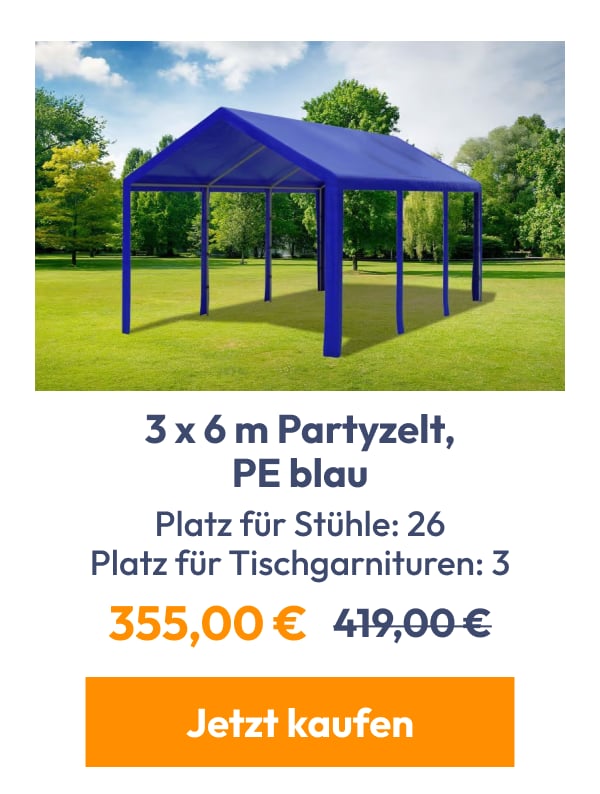3 x 6 m Partyzelt, PE blau | Platz für Stühle: 26 Platz für Tischgarnituren: 3 | 355,00 € | 419,00 …