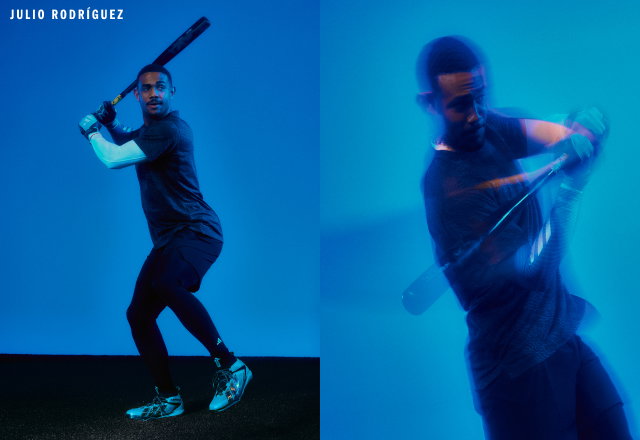 Julio Rodriguez wearing Adizero racing cleats 