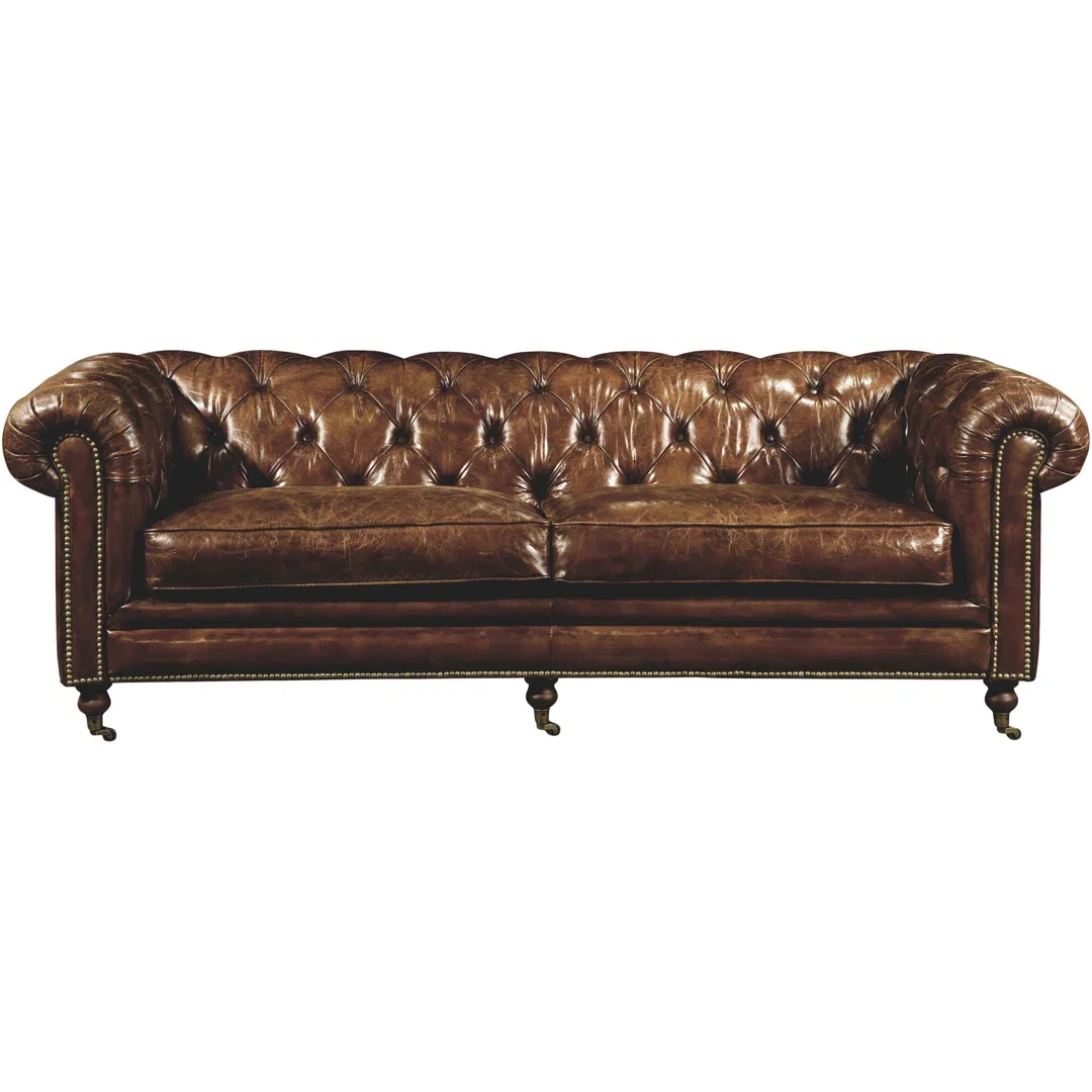 87" Genuine Leather Rolled Arm Chesterfield Sofa with Reversible Cushions