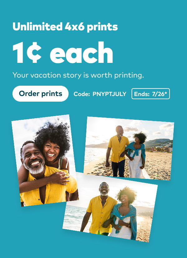 Unlimited 4x6 prints for 1 cent each. Code: PNYPTJULY. Ends: 7/26, see site for details. Order prints.
