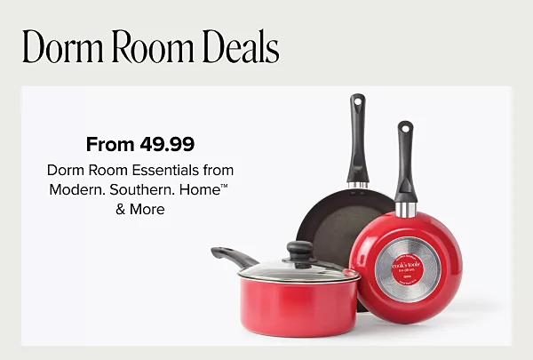 Dorm room deals. From 49.99 dorm room essentials from Modern Southern Home and more. Shop now. A set of red pots and pans.