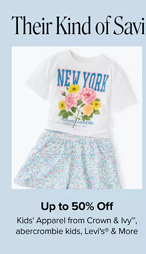 Their kinds of savings. Up to 50% off kids apparel from Crown and Ivy, abercrombie kids, Levis and more. Shop now. A kids shirt with flowers on it with matching shorts.