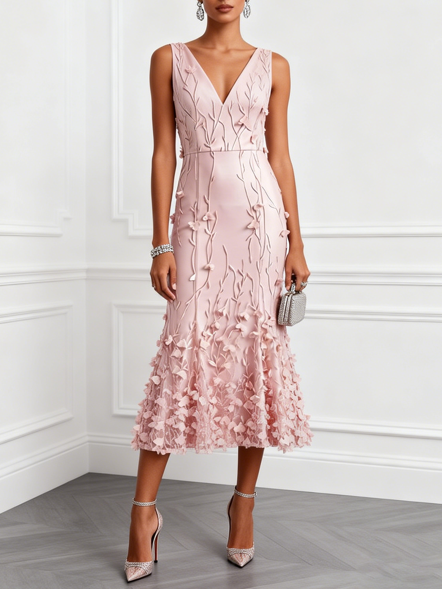 Light Pink 3D Floral Appliqué Embroidery Classic V Neck Sleeveless Mermaid Midi Dress