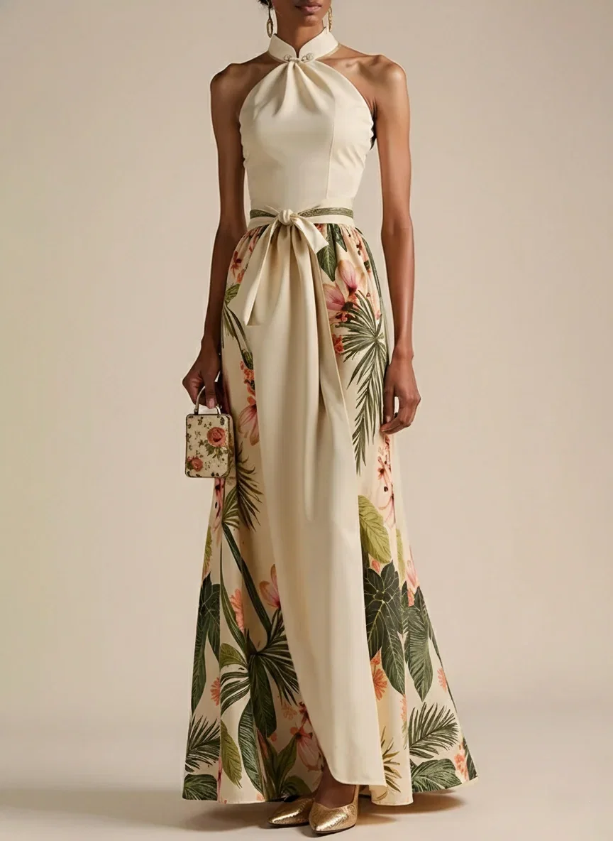 Beige Floral Bow Satin Halter Neck Sleeveless A-Line Gown Dress
