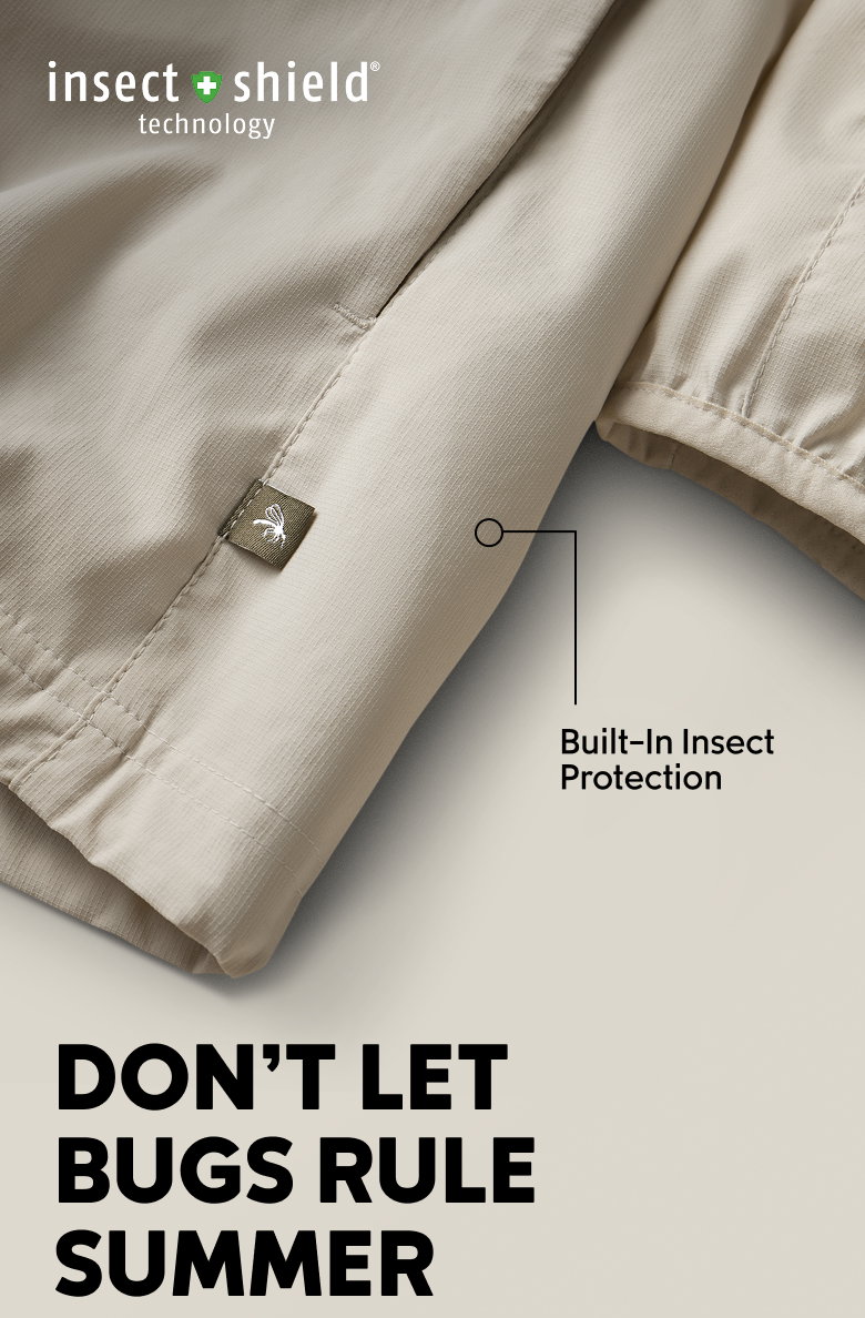 Close-up of tan jacket with text: DON'T LET BUGS RULE
