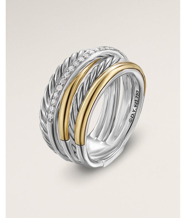 Crossover Five Row RingSterling Silver with 18K Yellow Gold and Diamonds, 11mm