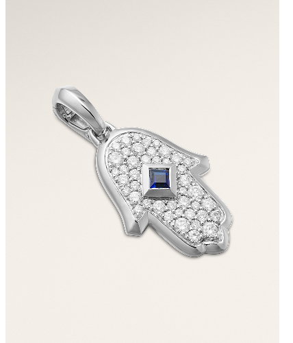 Hamsa Amulet18K White Gold with Pavé Diamonds and Blue Sapphire, 24.6mm