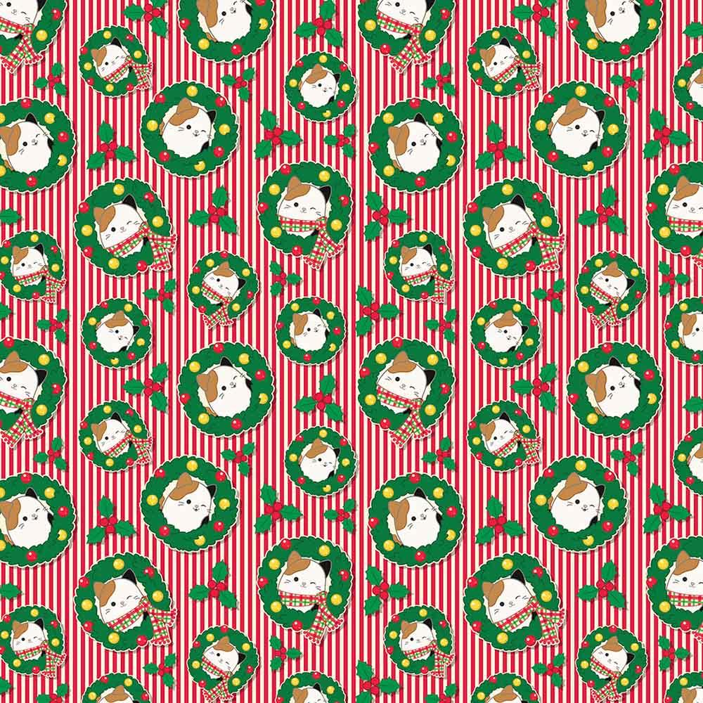 Image of Northcott Fabrics - Squish The Season - Original Squishmallows - Squish Kitty In Wreaths - Red - Yardage