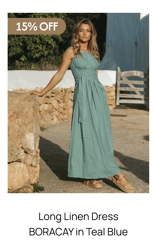 Long Linen Dress BORACAY in Teal Blue 