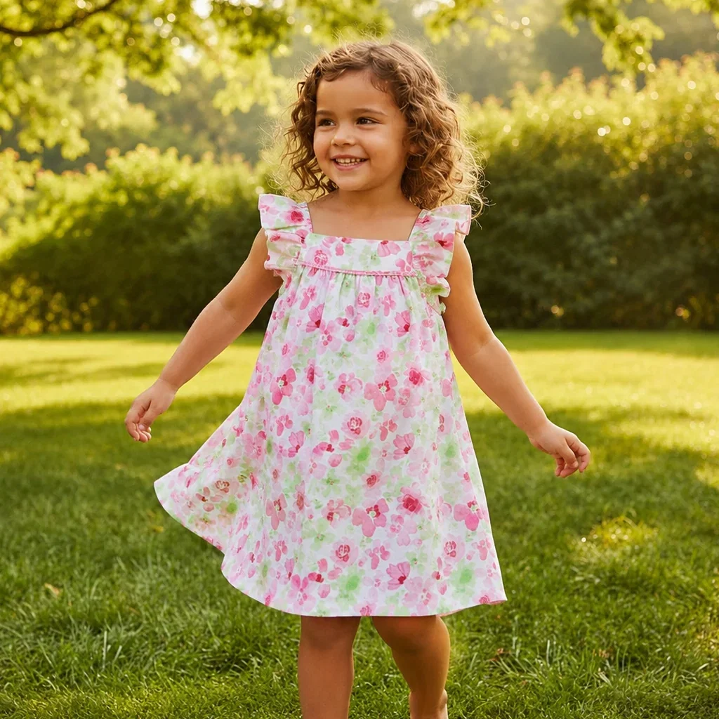 Young girl smiling in a pink floral dress with ruffled sleeves, standing in a sunny garden setting.