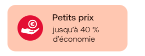 Icône rouge avec une main et un symbole euro, texte : Petits prix, jusqu’à 40 % d’économie, sur fond pêche.