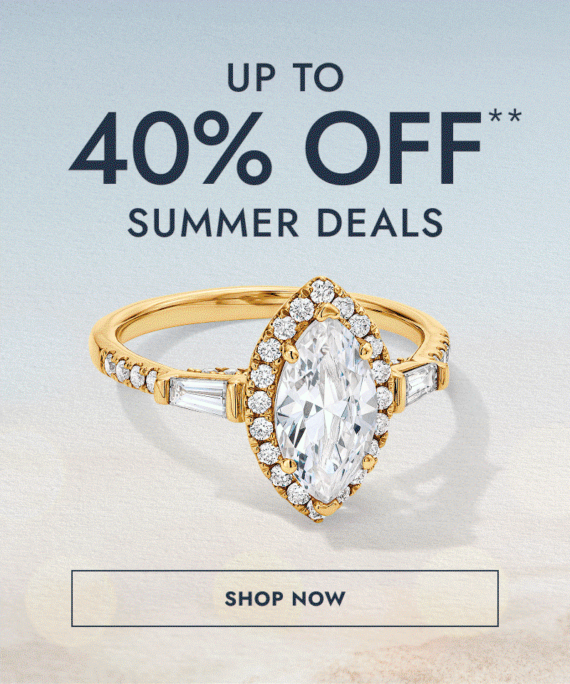 GIF of a diamond marquise ring, blue cocktail ring and green gemstone ring. Up to 40% Off summer deals. Click shop now.