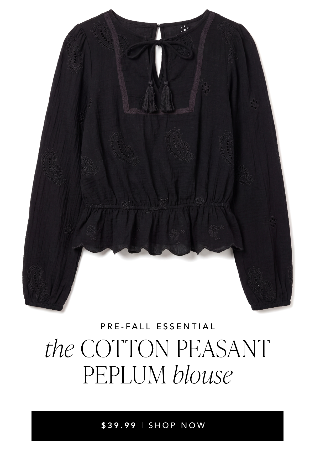 Cotton Long Sleeve Peasant Peplum Blouse