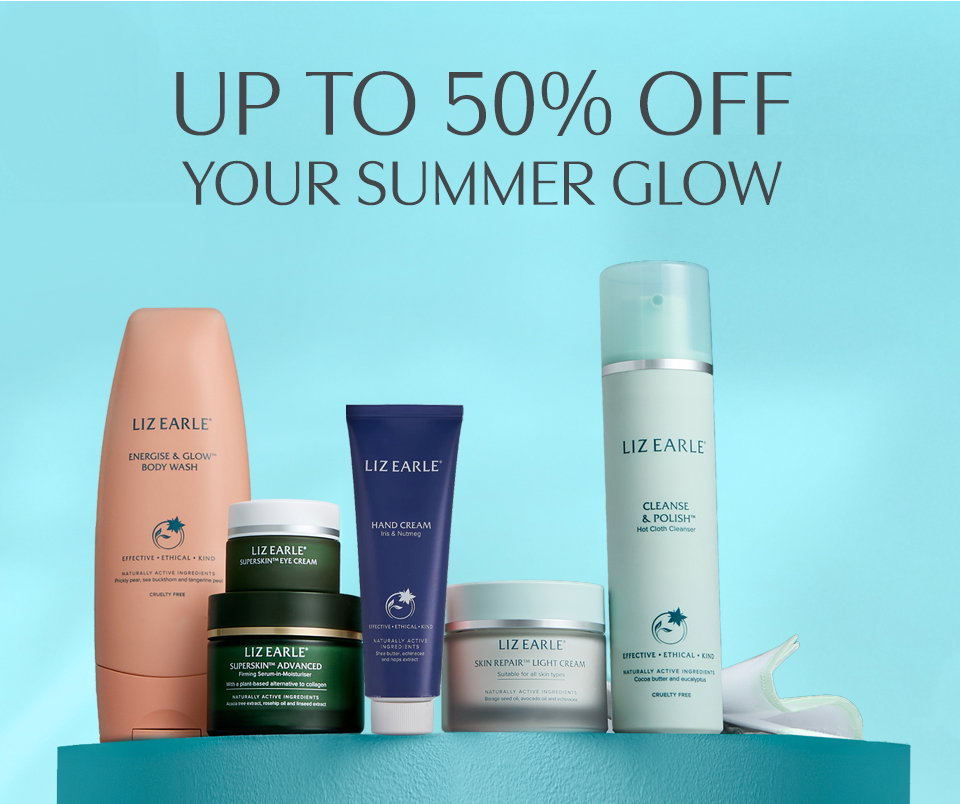 Summer sale! Selection of Liz Earle skincare & bodycare products on a blue plinth. Up to 50% off.