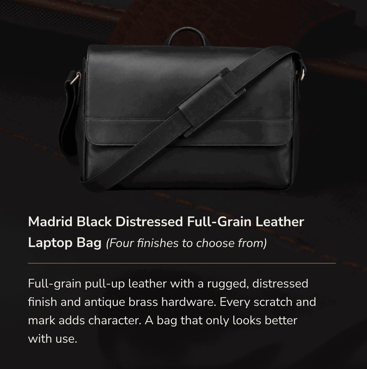 Madrid Black Distressed Full-Grain Leather Laptop Bag