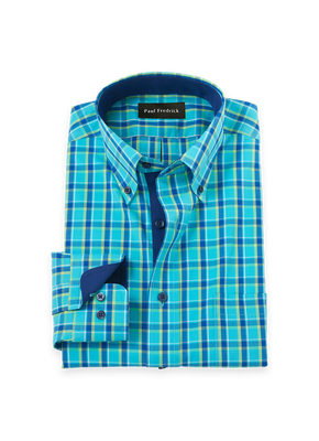 Comfort Stretch Non-Iron Windowpane Dress Shirt With Contrast Trim - Blue/green-Classic Fit / 16 / 34