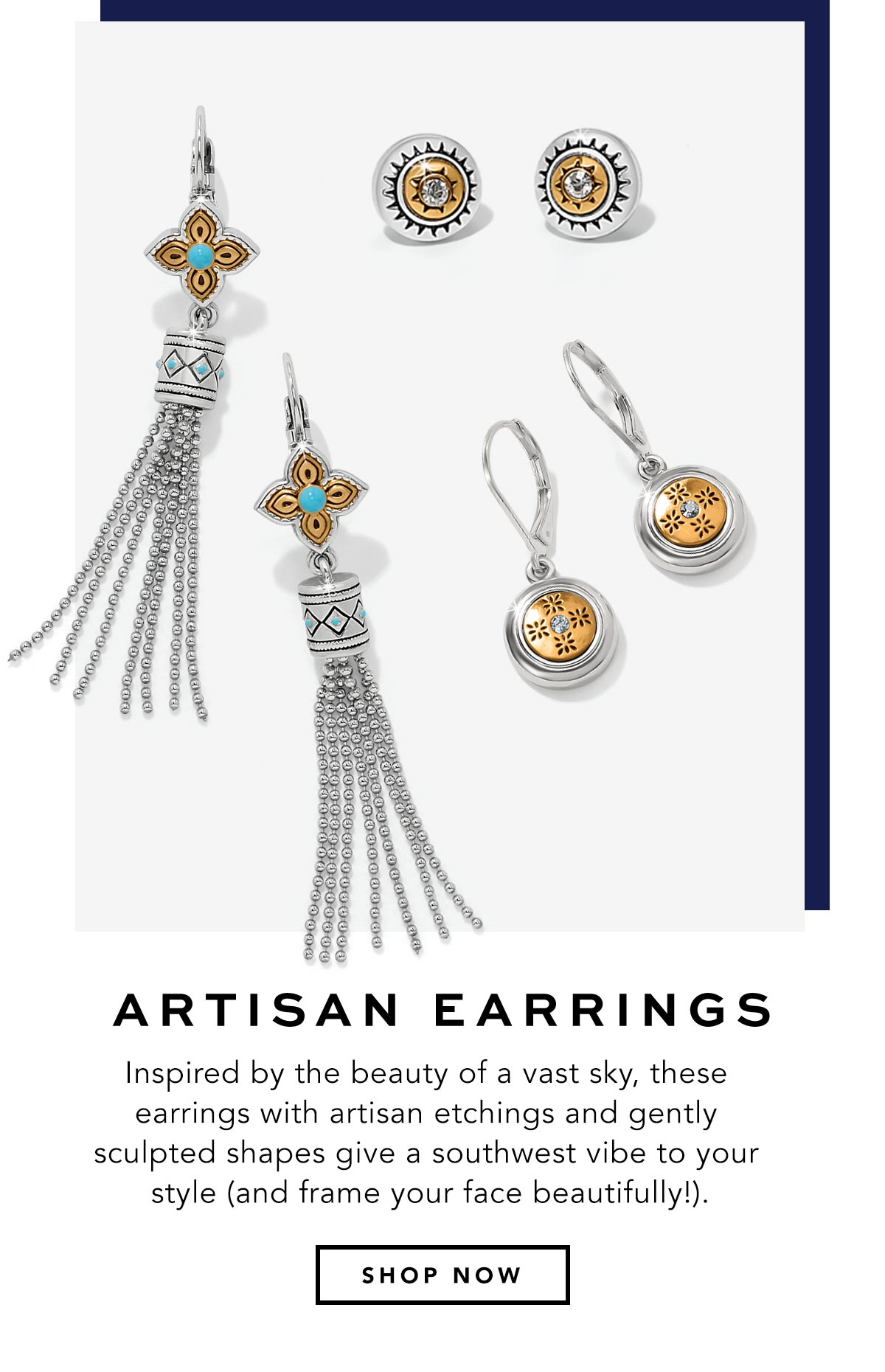Artisan Earrings - Inspired by the beauty of a vast sky, these earrings with artisan etchings and gently sculpted shapes give a southwest vibe to your style (and frame your face beautifully!). - Shop Now