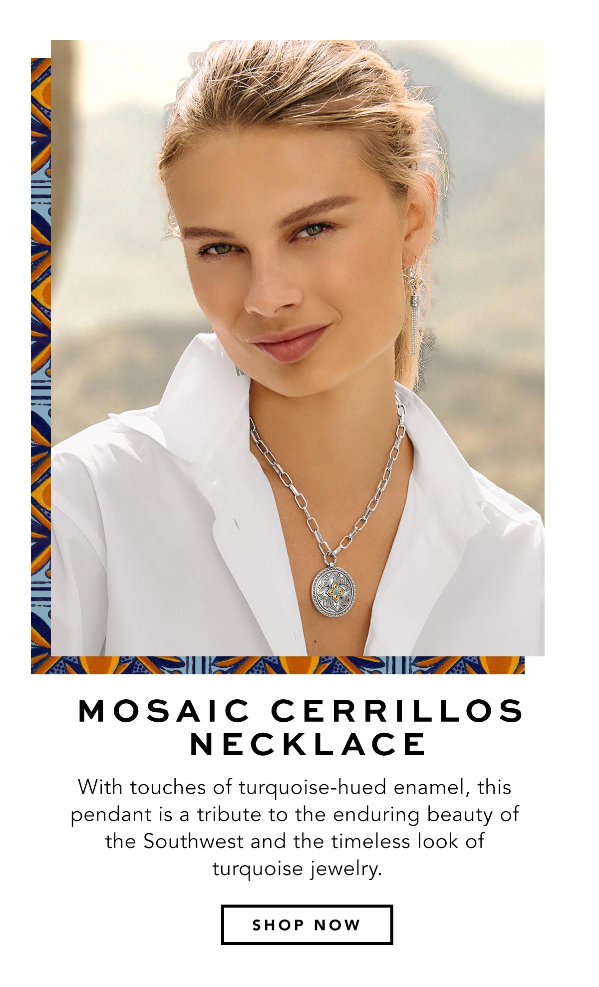 Mosaic Cerrillos Necklace - With touches of turquoise-hued enamel, this pendant is a tribute to the enduring beauty of the Southwest and the timeless look of turquoise jewelry. - Shop Now