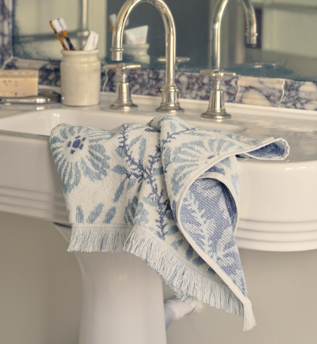Dusk Blue Folk Floral Cotton Towels