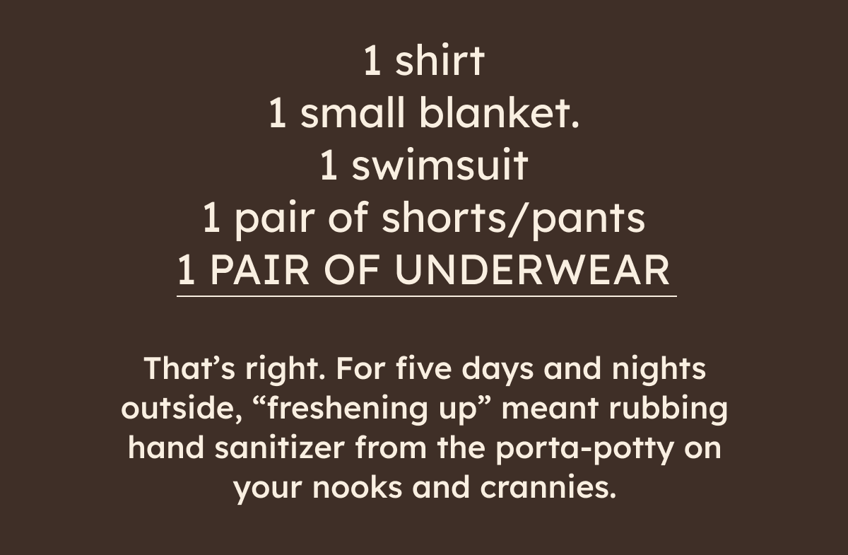 1 shirt 1 small blanket. 1 swimsuit 1 pair of shorts/pants 1 PAIR OF UNDERWEAR