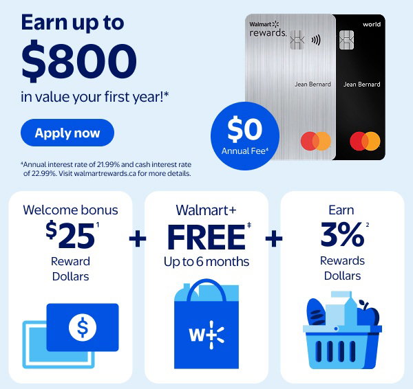 Walmart Rewards™ Mastercard® - $0 annual fee⁴ - Earn up to $800 in value your first year!* - ⁴Annual interest rate of 21.99% and cash interest rate of 22.99%. Visit walmartrewards.ca for more details. Welcome bonus $25¹ Reward Dollars - Walmart+ FREE‡ Up to 6 months - Earn 3%² Rewards Dollars