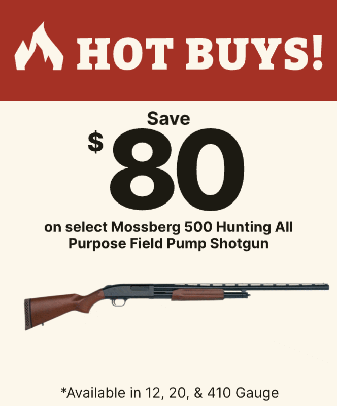 Save $80 on select Mossberg 500 Hunting All Purpose Field Pump Shotguns