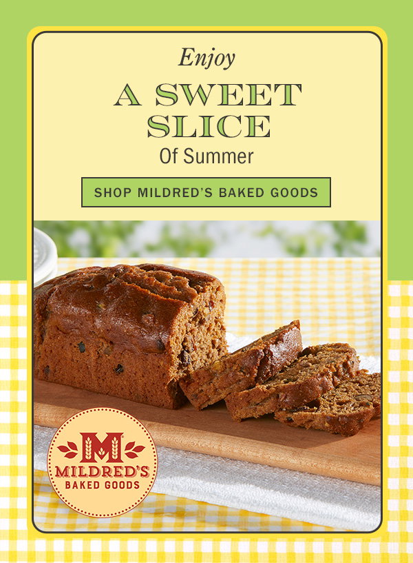 Enjoy a Sweet Slice of Summer. Shop Mildred's Baked Goods. Walnut Zucchini Loaf Cake by Mildred's Baked Goods