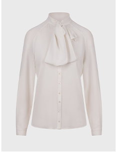 White Bow Shirt in Crepe With Pointed Collar and Button Closure
