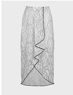 White Lace Skirt With Contrasting Black Trim and Cascading Ruffle