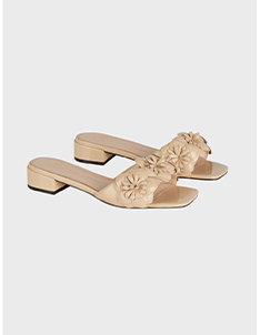 Nude Patent Leather Slide Sandals With Flowers