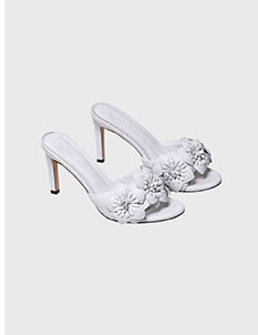 White Leather Sandal Heels With 3D Flowers