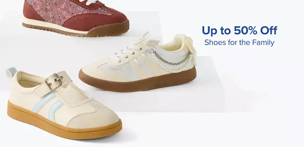 Up to 50% off shoes for the family. Various pairs of shoes.