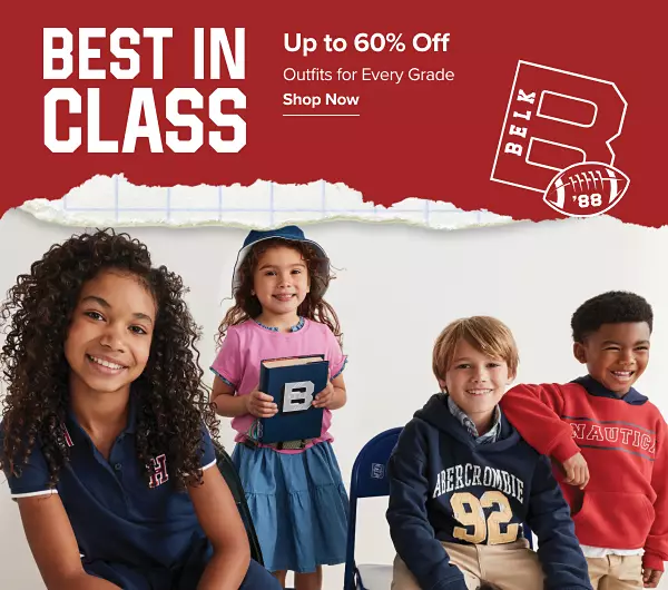 Best in class. Up to 60% off outfits for every grade. Shop now. A group of children in school clothes ready for class.