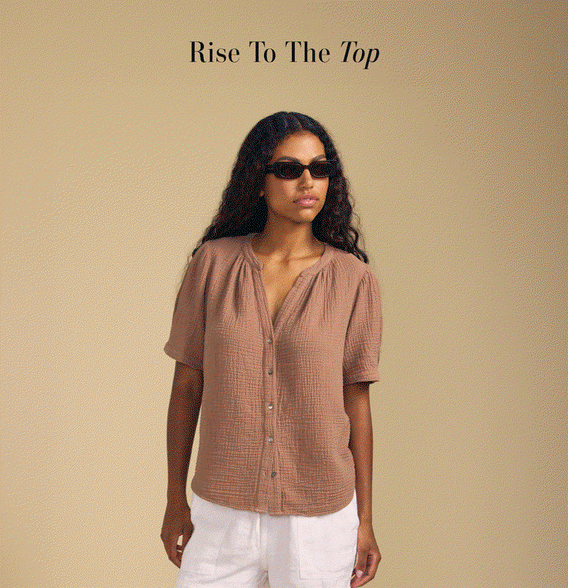 Image shows a model wearing the Mavis Top in Black.  Image shows a model wearing the Campbell Top in Sunset. Text reads: Rise To The Top