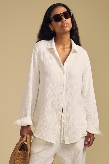 Image shows a model wearing the Denise Top in Beach.