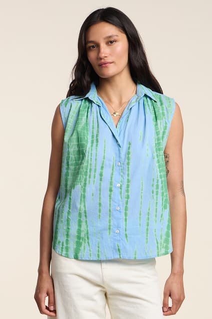 Image shows a model wearing the Callisto Shirt in Sky Blue.