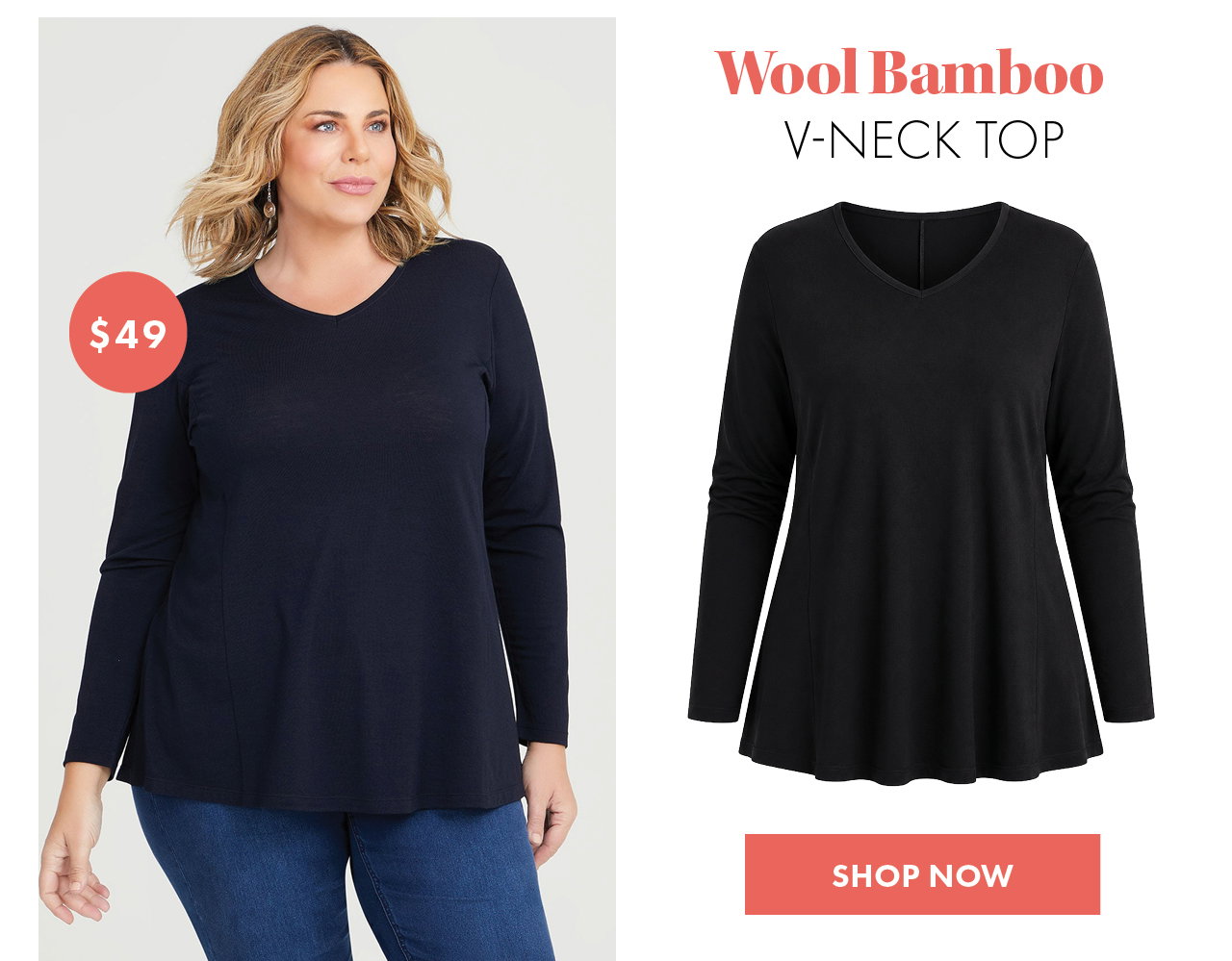Wool Bamboo V-neck Top in Black