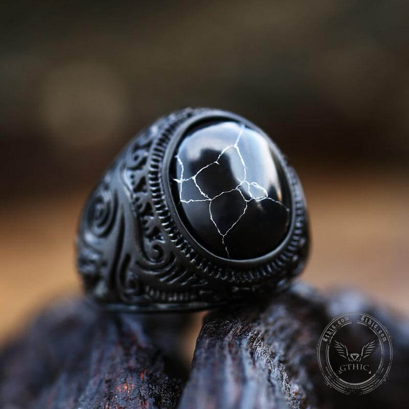 Image of Black Turquoise Patterned Stainless Steel Ring