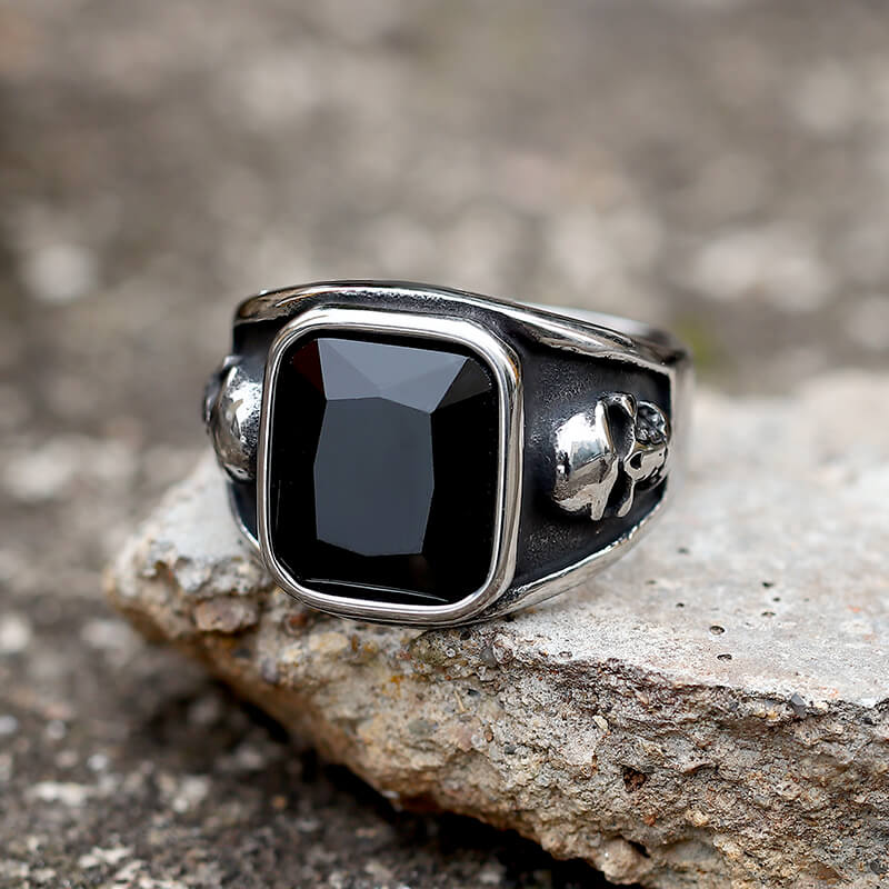 Image of Black Square Gem Stainless Steel Skull Ring