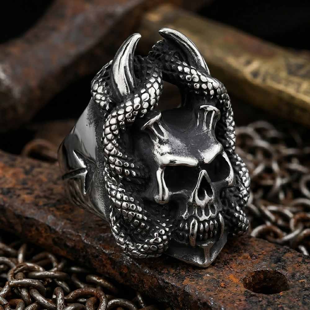 Image of Gothic Snake Wrapped Horn Skull Stainless Steel Ring