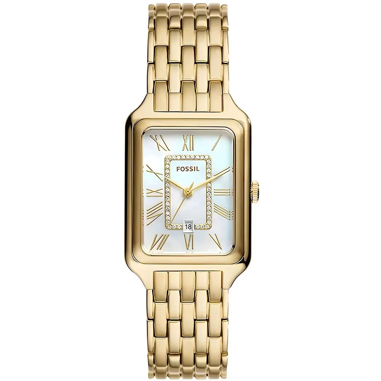 Image of Fossil Women's Raquel 26mm Quartz Date Crystal Accented Rectangle Bracelet Watch