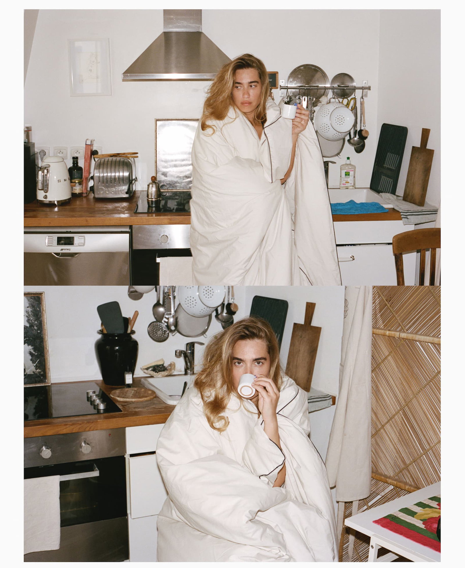 Joanne drinking espressso in her kitchen