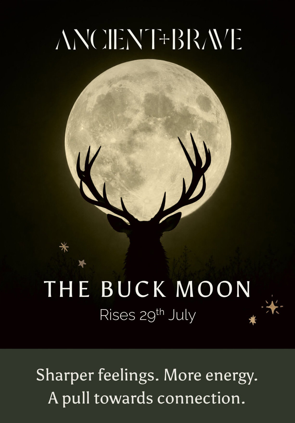 Ancient + Brave logo above a full moon rising behind a stag silhouette. The Buck Moon - rises 29th July.