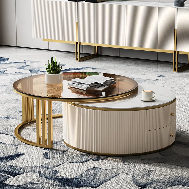 Grovyn 28"-32" Round Nesting Coffee Table Set with Sintered Stone Top