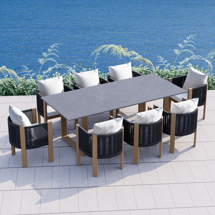 9-Pieces Faux Marble Outdoor Dining Set with Woven Rope Chairs for 8 Person (86.6")